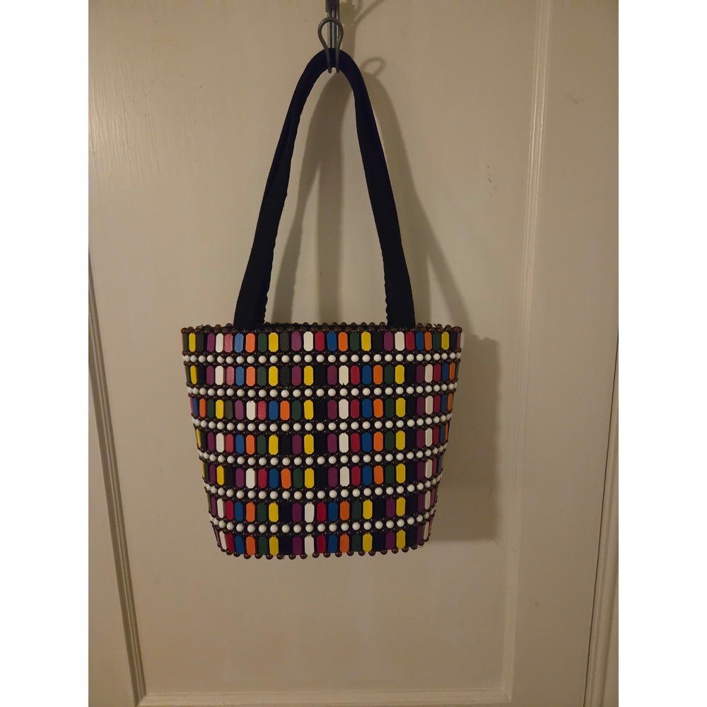 Vintage Multi Color Beaded Tote Bag Geometric Shoulder Bag Black Straps